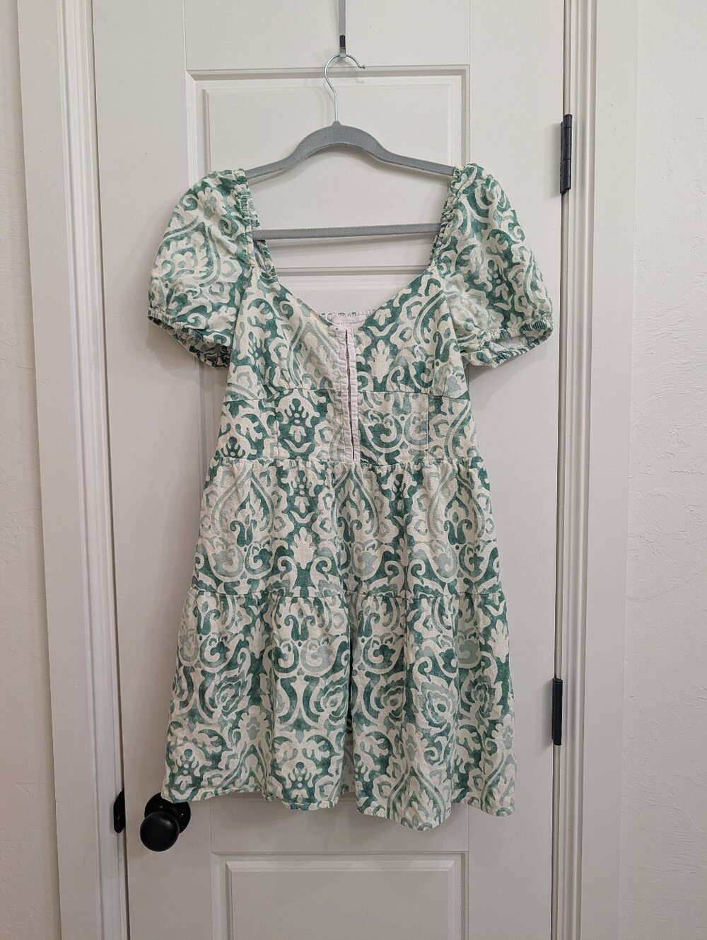 House Of Harlow 1960 Linen Blend Patterned Puff-Sleeve Dress